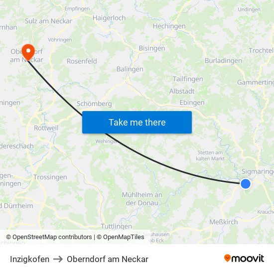 Inzigkofen to Oberndorf am Neckar map