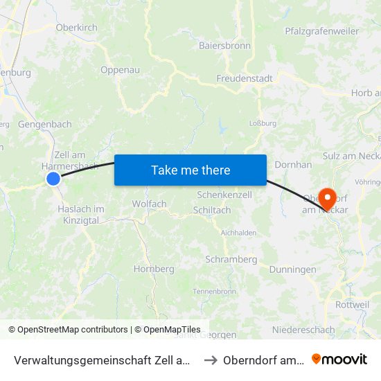 Verwaltungsgemeinschaft Zell am Harmersbach to Oberndorf am Neckar map