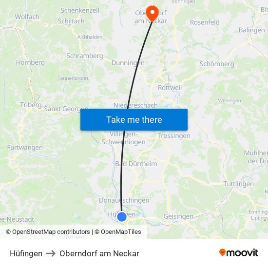 Hüfingen to Oberndorf am Neckar map