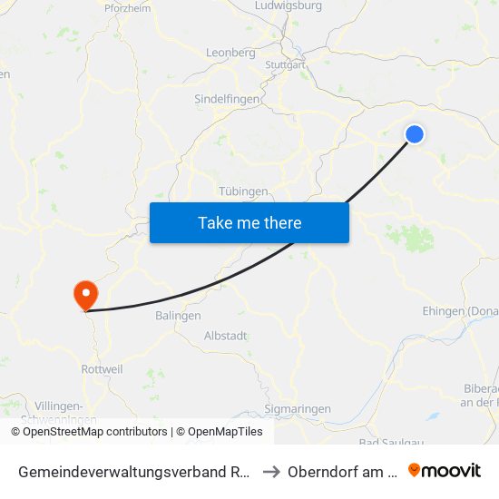 Gemeindeverwaltungsverband Raum Bad Boll to Oberndorf am Neckar map