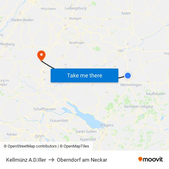 Kellmünz A.D.Iller to Oberndorf am Neckar map