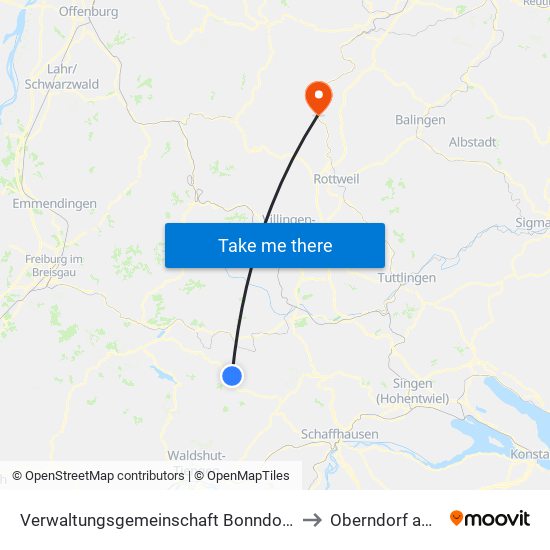 Verwaltungsgemeinschaft Bonndorf Im Schwarzwald to Oberndorf am Neckar map