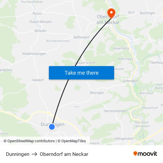 Dunningen to Oberndorf am Neckar map