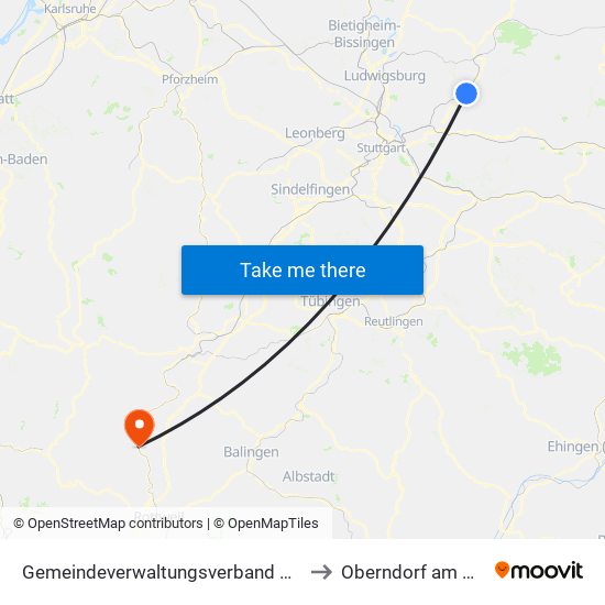 Gemeindeverwaltungsverband Winnenden to Oberndorf am Neckar map