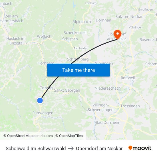 Schönwald Im Schwarzwald to Oberndorf am Neckar map