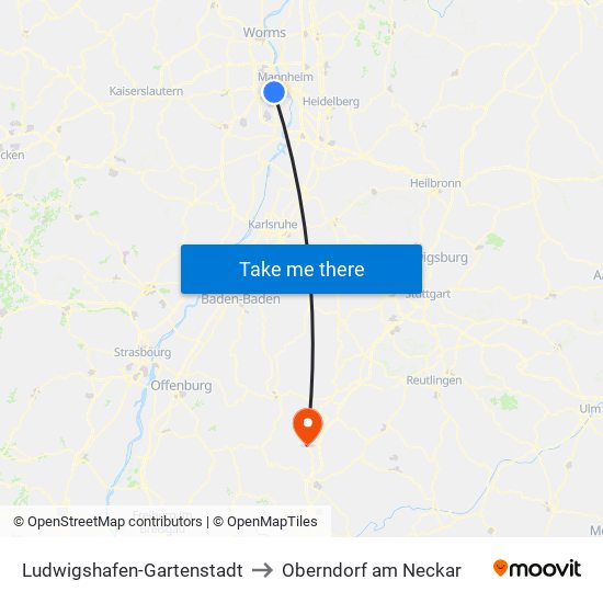 Ludwigshafen-Gartenstadt to Oberndorf am Neckar map