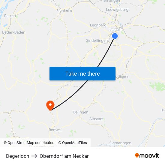 Degerloch to Oberndorf am Neckar map
