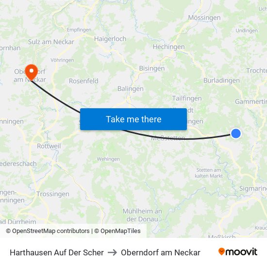 Harthausen Auf Der Scher to Oberndorf am Neckar map