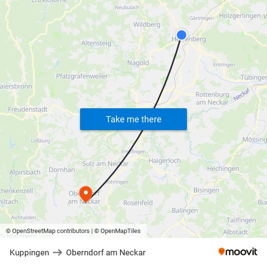 Kuppingen to Oberndorf am Neckar map