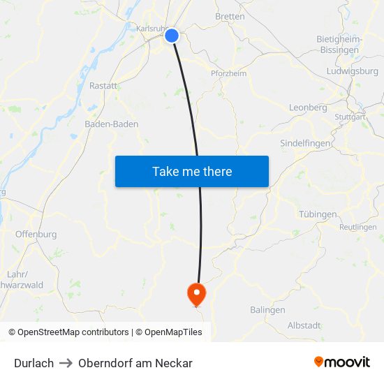 Durlach to Oberndorf am Neckar map