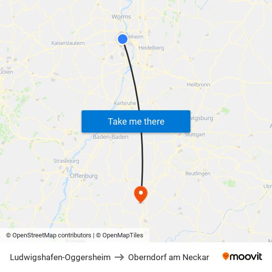 Ludwigshafen-Oggersheim to Oberndorf am Neckar map