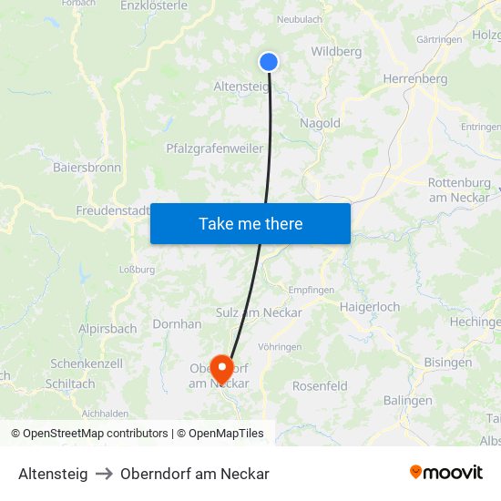 Altensteig to Oberndorf am Neckar map