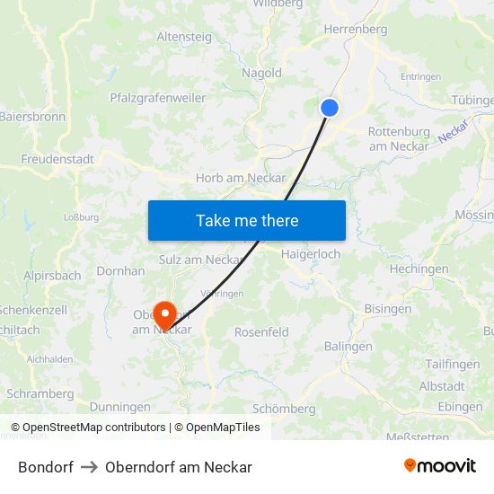 Bondorf to Oberndorf am Neckar map