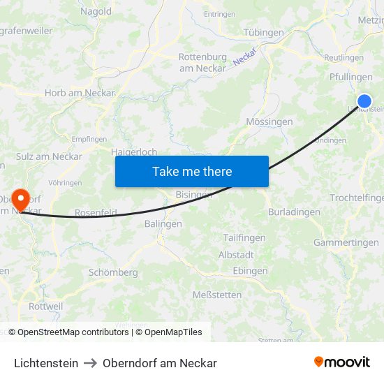 Lichtenstein to Oberndorf am Neckar map