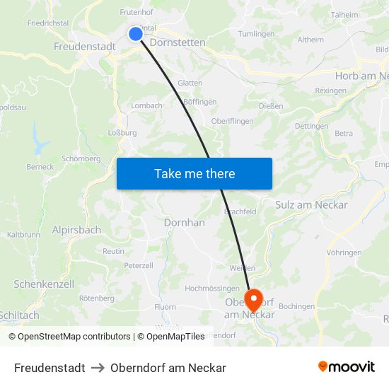 Freudenstadt to Oberndorf am Neckar map
