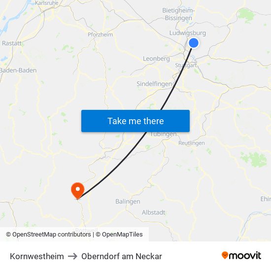 Kornwestheim to Oberndorf am Neckar map