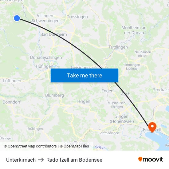 Unterkirnach to Radolfzell am Bodensee map