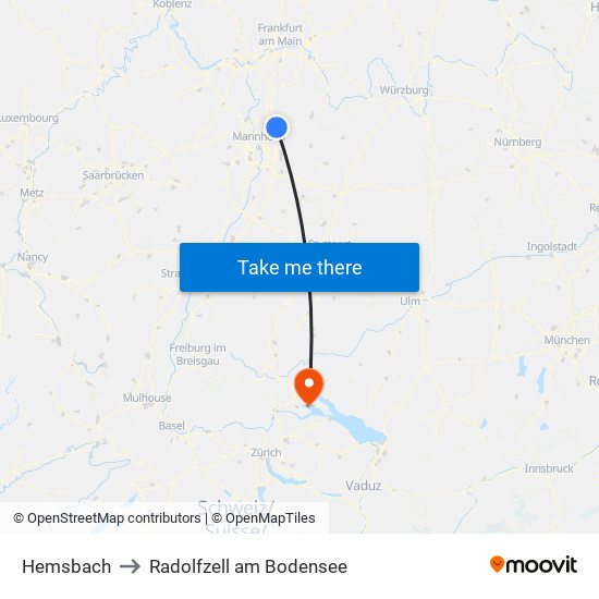 Hemsbach to Radolfzell am Bodensee map