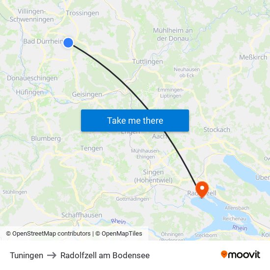 Tuningen to Radolfzell am Bodensee map