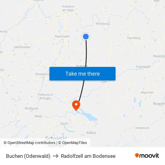 Buchen (Odenwald) to Radolfzell am Bodensee map
