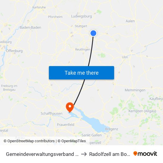 Gemeindeverwaltungsverband Plochingen to Radolfzell am Bodensee map