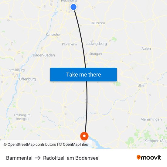 Bammental to Radolfzell am Bodensee map