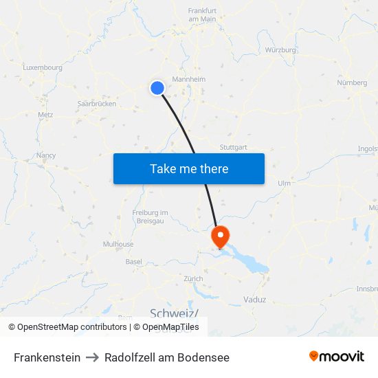 Frankenstein to Radolfzell am Bodensee map