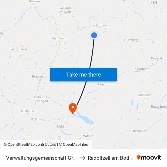 Verwaltungsgemeinschaft Grünsfeld to Radolfzell am Bodensee map