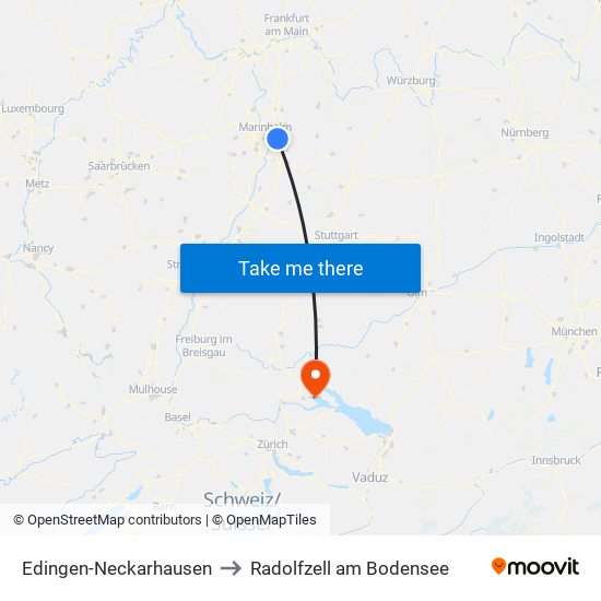 Edingen-Neckarhausen to Radolfzell am Bodensee map