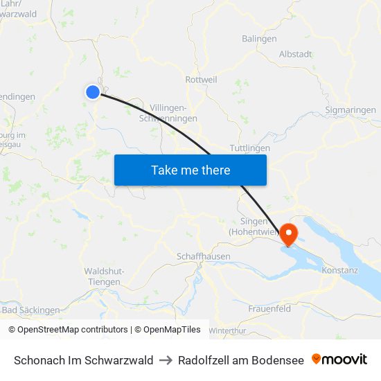 Schonach Im Schwarzwald to Radolfzell am Bodensee map