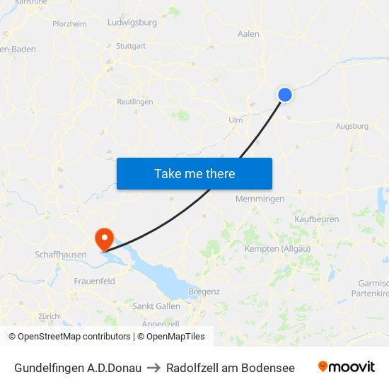 Gundelfingen A.D.Donau to Radolfzell am Bodensee map