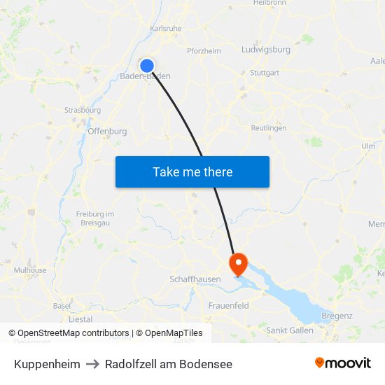 Kuppenheim to Radolfzell am Bodensee map