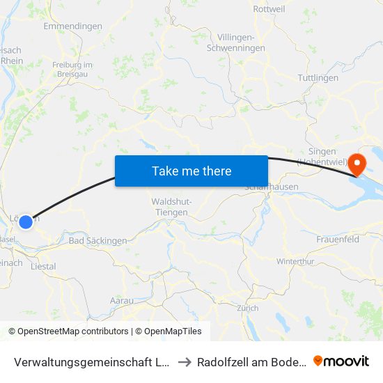 Verwaltungsgemeinschaft Lörrach to Radolfzell am Bodensee map