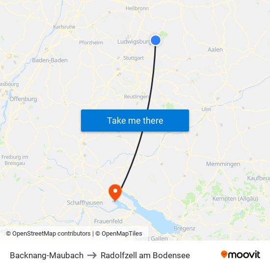 Backnang-Maubach to Radolfzell am Bodensee map