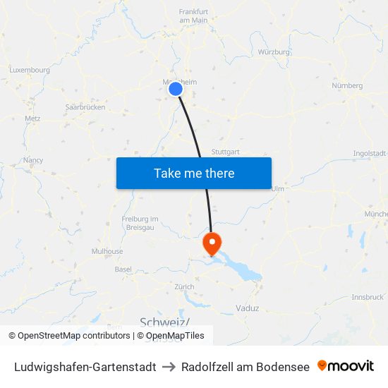 Ludwigshafen-Gartenstadt to Radolfzell am Bodensee map