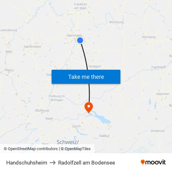 Handschuhsheim to Radolfzell am Bodensee map