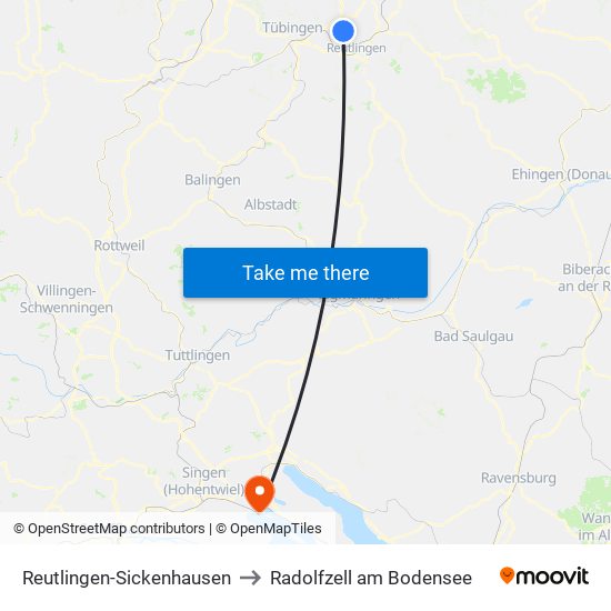 Reutlingen-Sickenhausen to Radolfzell am Bodensee map