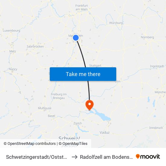 Schwetzingerstadt/Oststadt to Radolfzell am Bodensee map