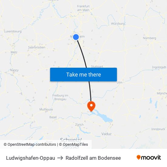 Ludwigshafen-Oppau to Radolfzell am Bodensee map