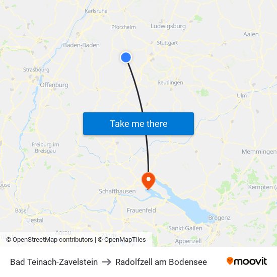 Bad Teinach-Zavelstein to Radolfzell am Bodensee map