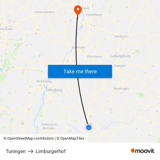 Tuningen to Limburgerhof map