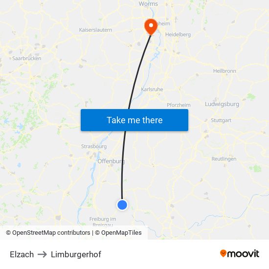 Elzach to Limburgerhof map