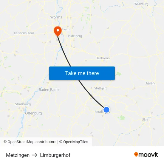 Metzingen to Limburgerhof map