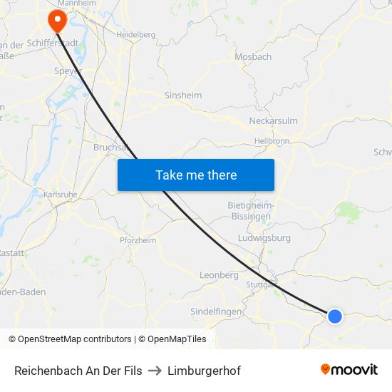 Reichenbach An Der Fils to Limburgerhof map