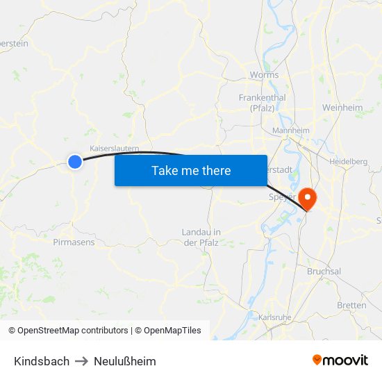 Kindsbach to Neulußheim map