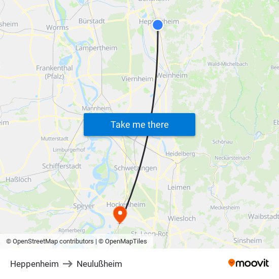 Heppenheim to Neulußheim map