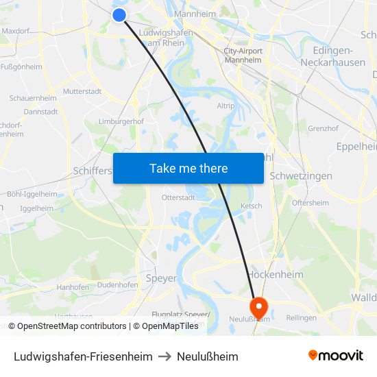 Ludwigshafen-Friesenheim to Neulußheim map