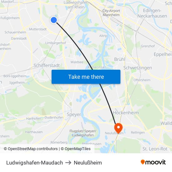 Ludwigshafen-Maudach to Neulußheim map