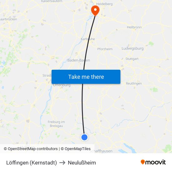 Löffingen (Kernstadt) to Neulußheim map