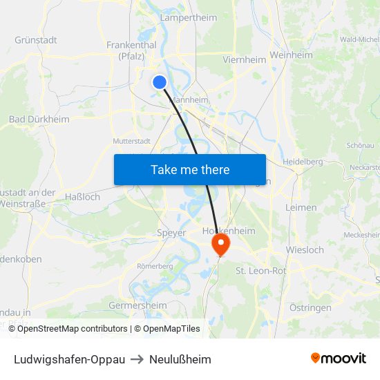 Ludwigshafen-Oppau to Neulußheim map